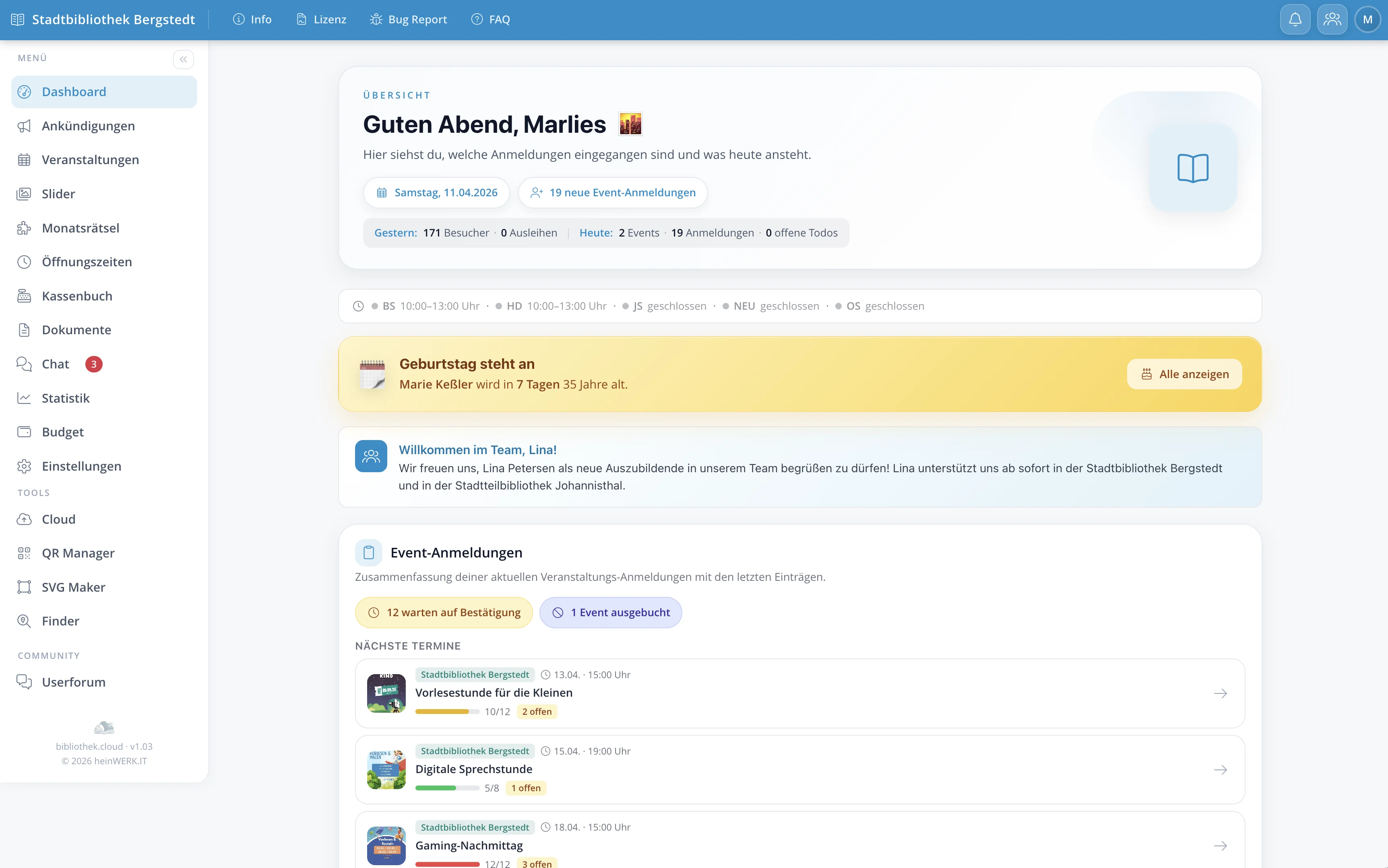 BIBLIOTHEK.CLOUD Dashboard — Übersicht mit Ankündigungen, Veranstaltungen, Aufgaben und Team-Aktivitäten
