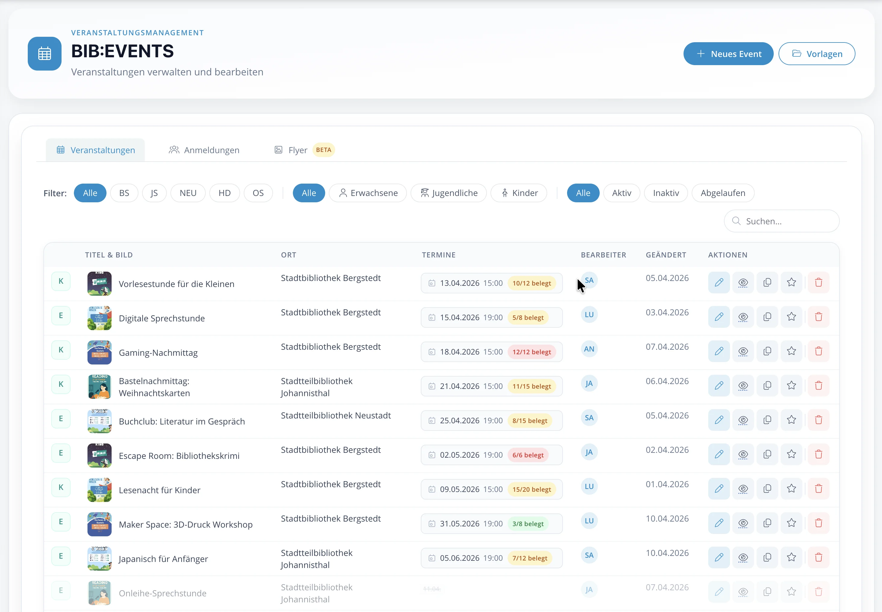 Veranstaltungs-App — Kanban-Übersicht mit allen Anmeldungen